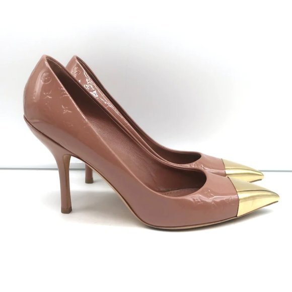 Louis Vuitton Allamanda Gold Cap Toe Pumps Rose Monogram Vernis Size 37.5 - Picture 3 of 12